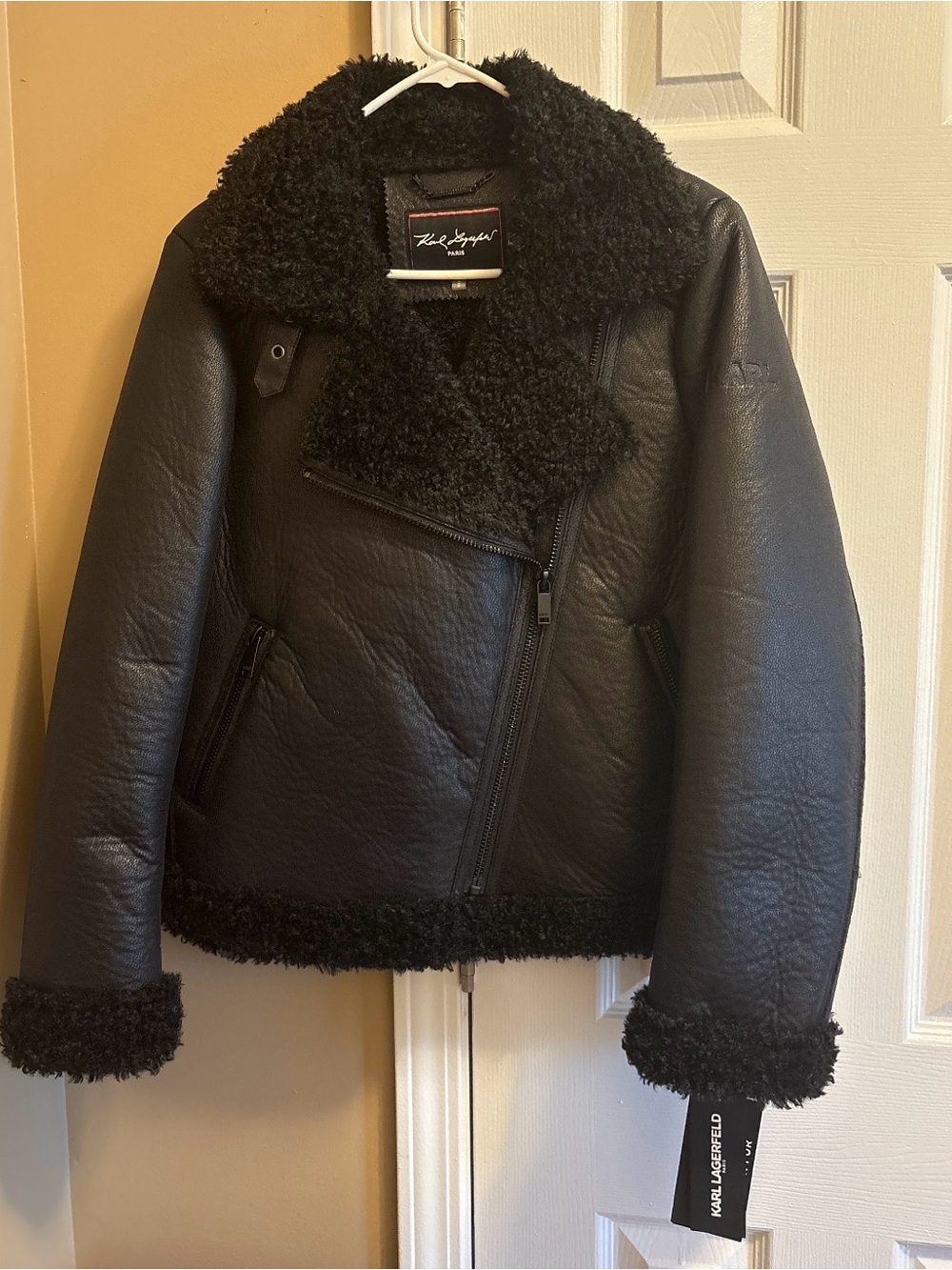 Karl Lagerfeld Black Faux-Shearling Moto Jacket